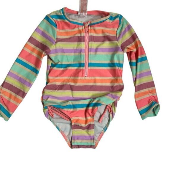 NWOT Cat & Jack Toddler Girls One Piece e Rashguard Orange Pink Swimsuit- 3T - Picture 1 of 6